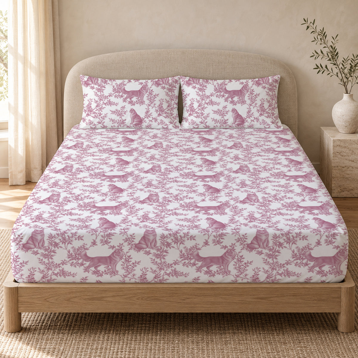 Nebelung toile bedding in Pink — Queen Bedroom