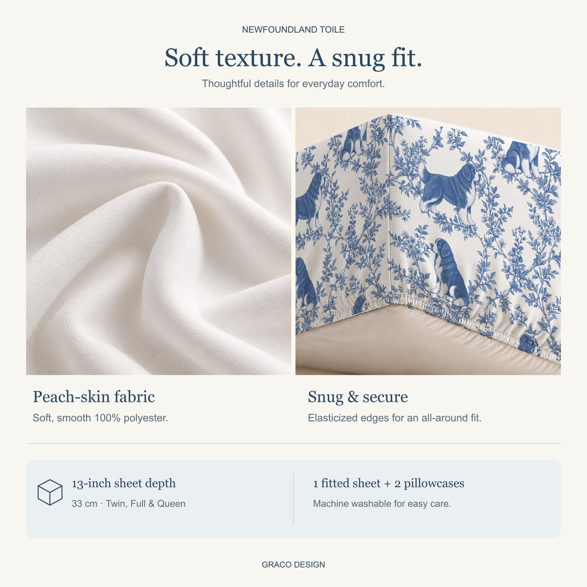 Newfoundland toile bedding — peach-skin fabric and gathered elastic hem detail