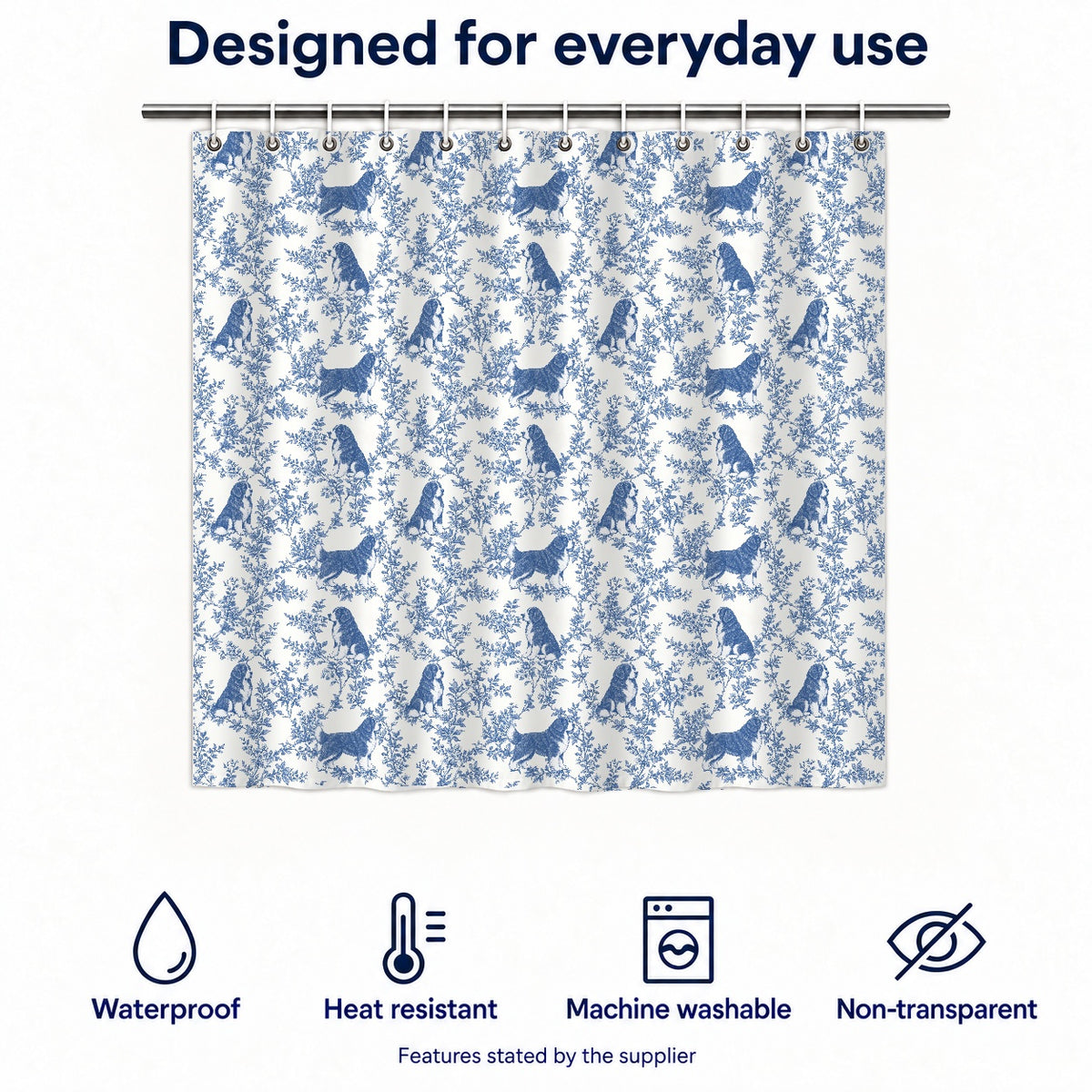 Newfoundland toile shower curtain — Blue Functions and Size