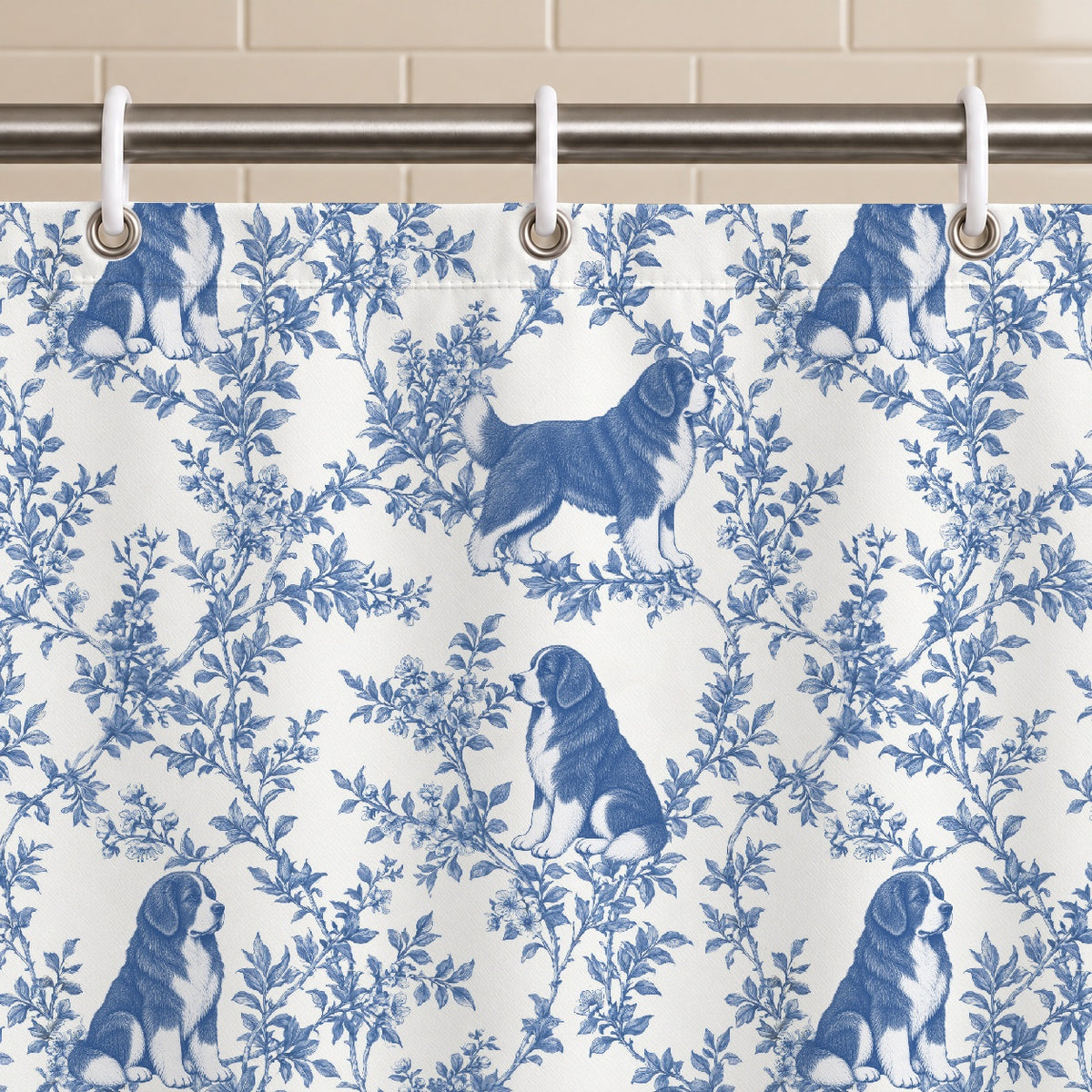 Newfoundland toile shower curtain — Blue Grommets and Hooks