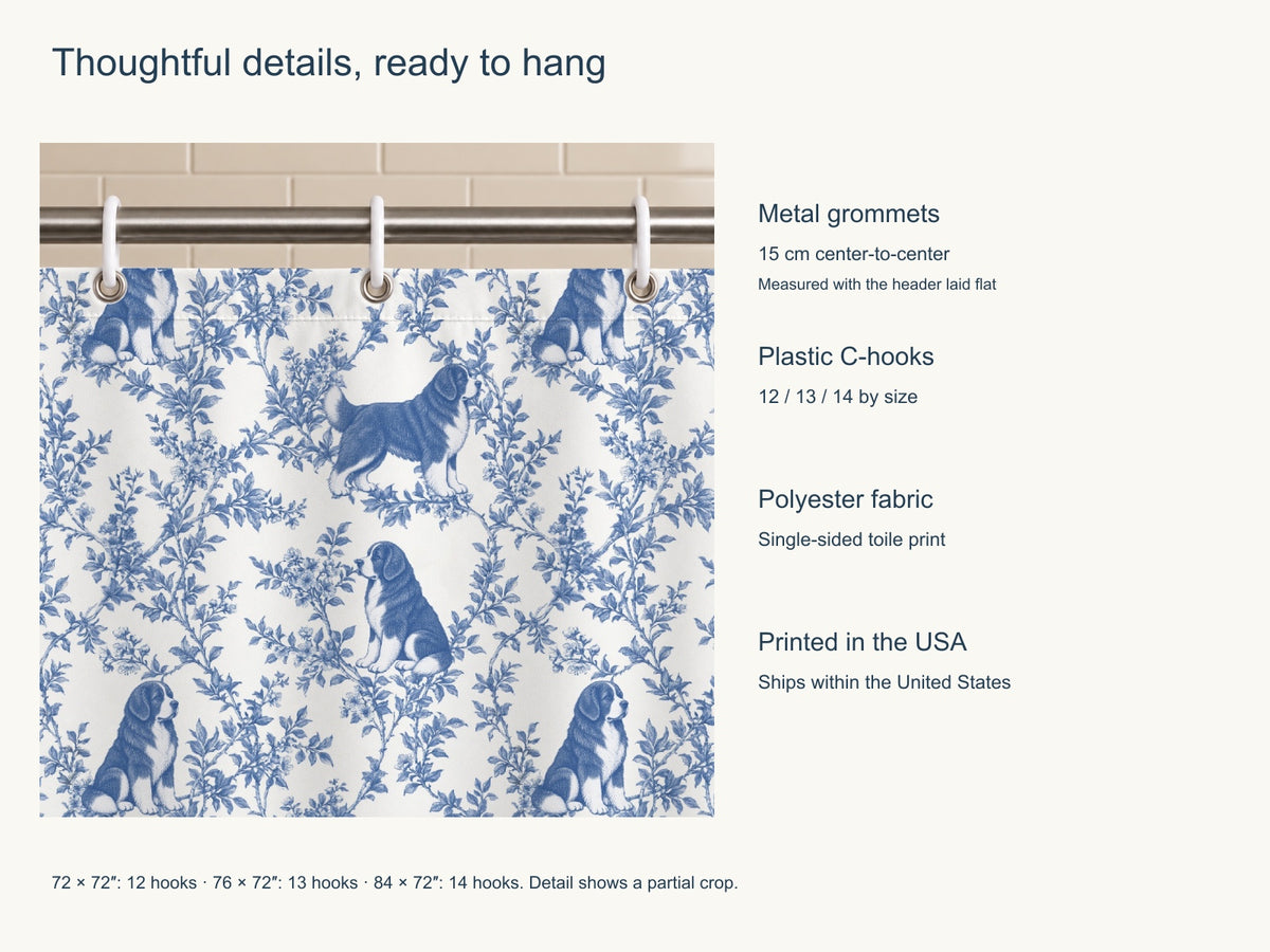 Newfoundland toile shower curtain — Blue Product Features