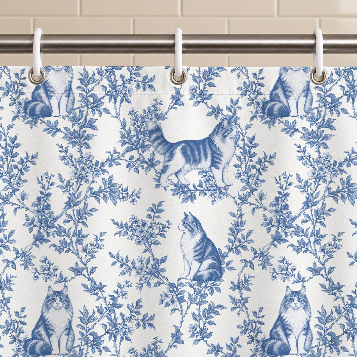 Norwegian Forest Cat toile shower curtain — Blue Grommets and Hooks
