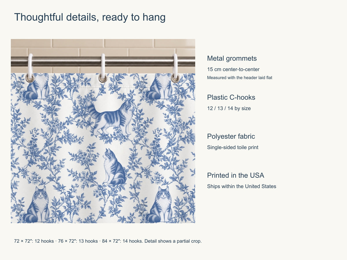 Norwegian Forest Cat toile shower curtain — Blue Product Features
