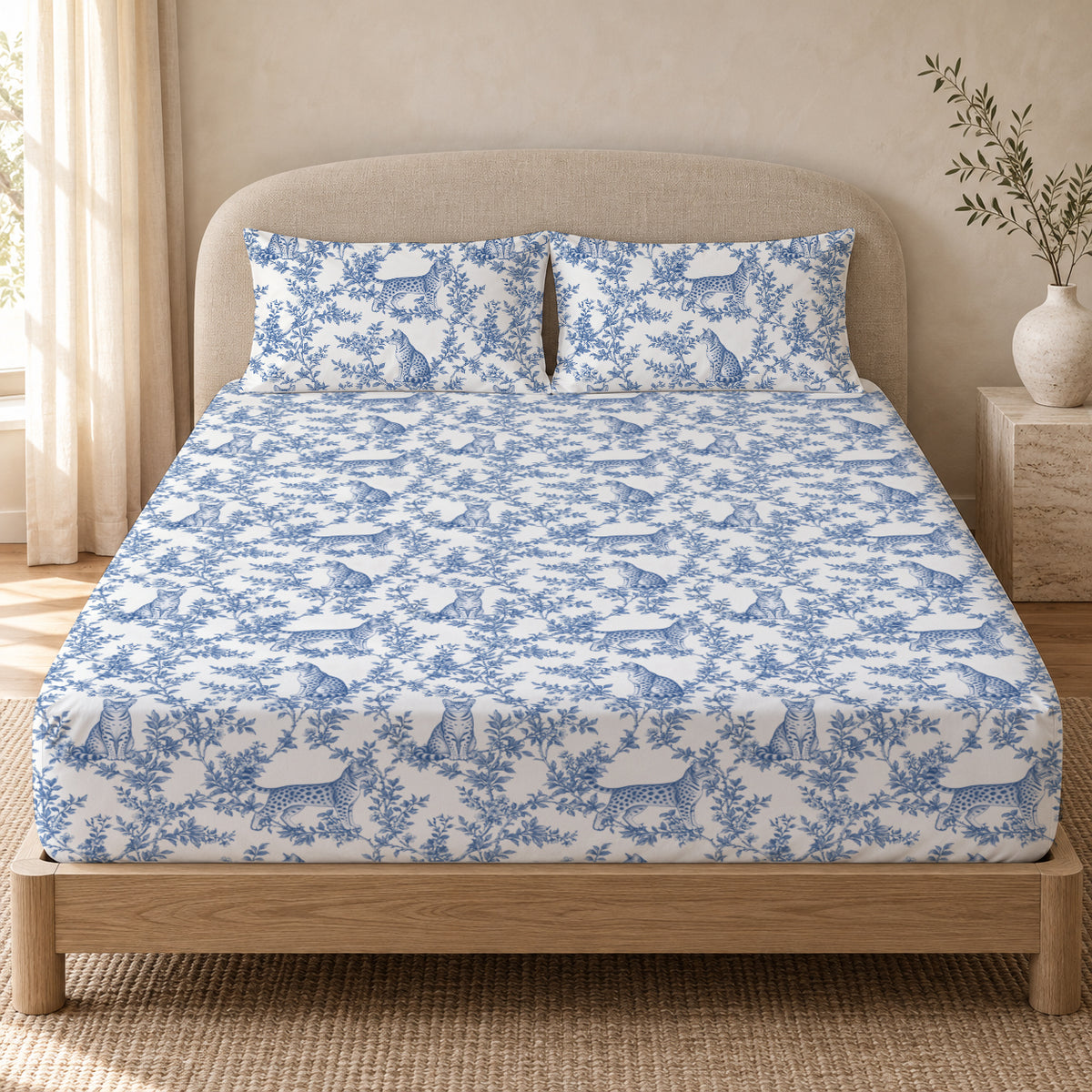 Ocicat toile bedding in Blue — Queen Bedroom