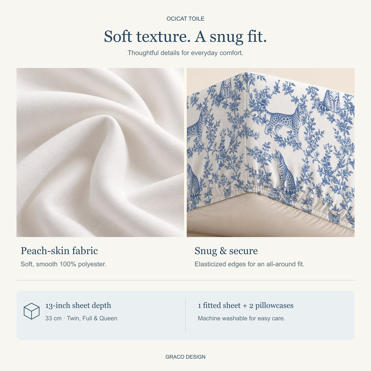 Ocicat toile bedding — peach-skin fabric and gathered elastic hem detail