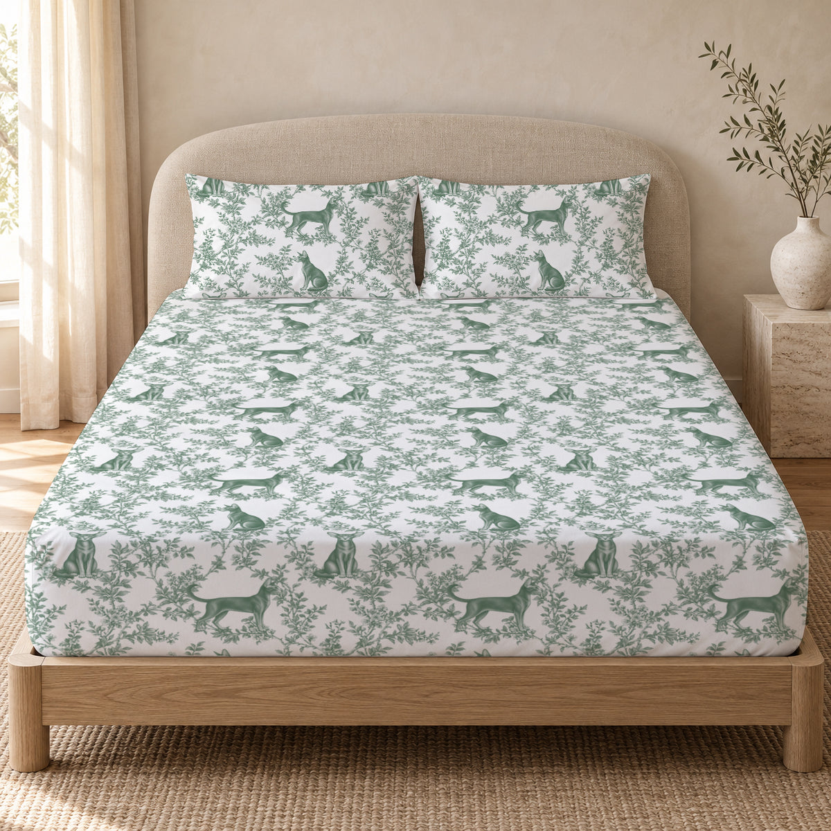 Oriental toile bedding in Green — Queen Bedroom