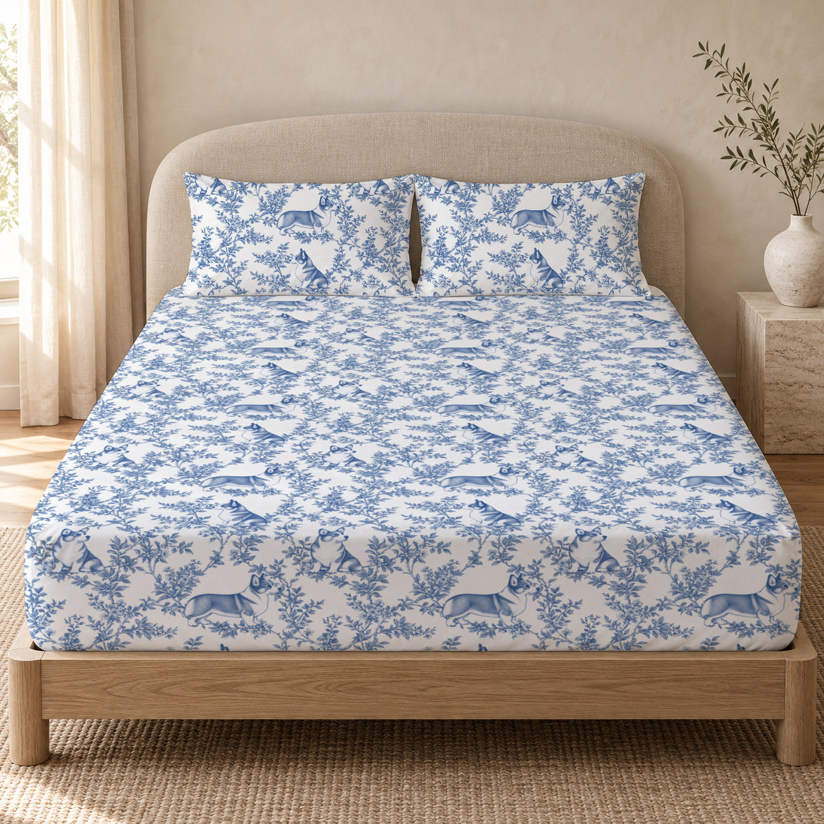 Pembroke Welsh Corgi toile bedding in Blue — Queen Bedroom