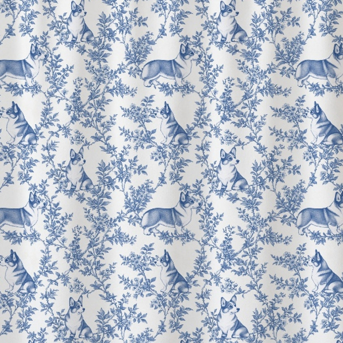 Pembroke Welsh Corgi toile shower curtain — Blue Detail