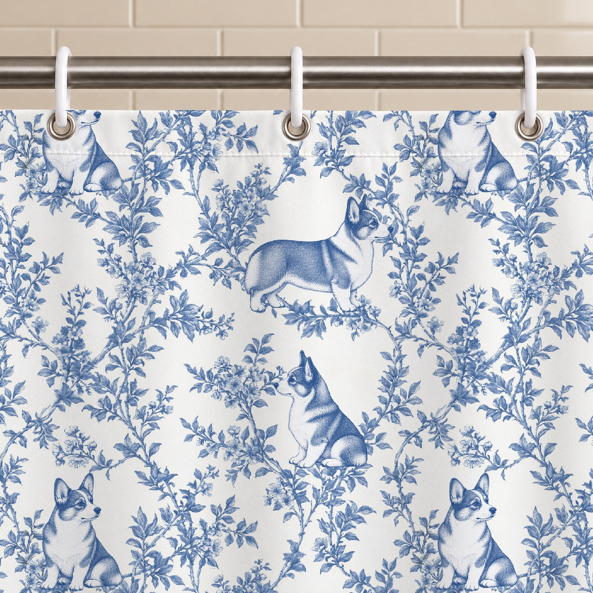 Pembroke Welsh Corgi toile shower curtain — Blue Grommets and Hooks