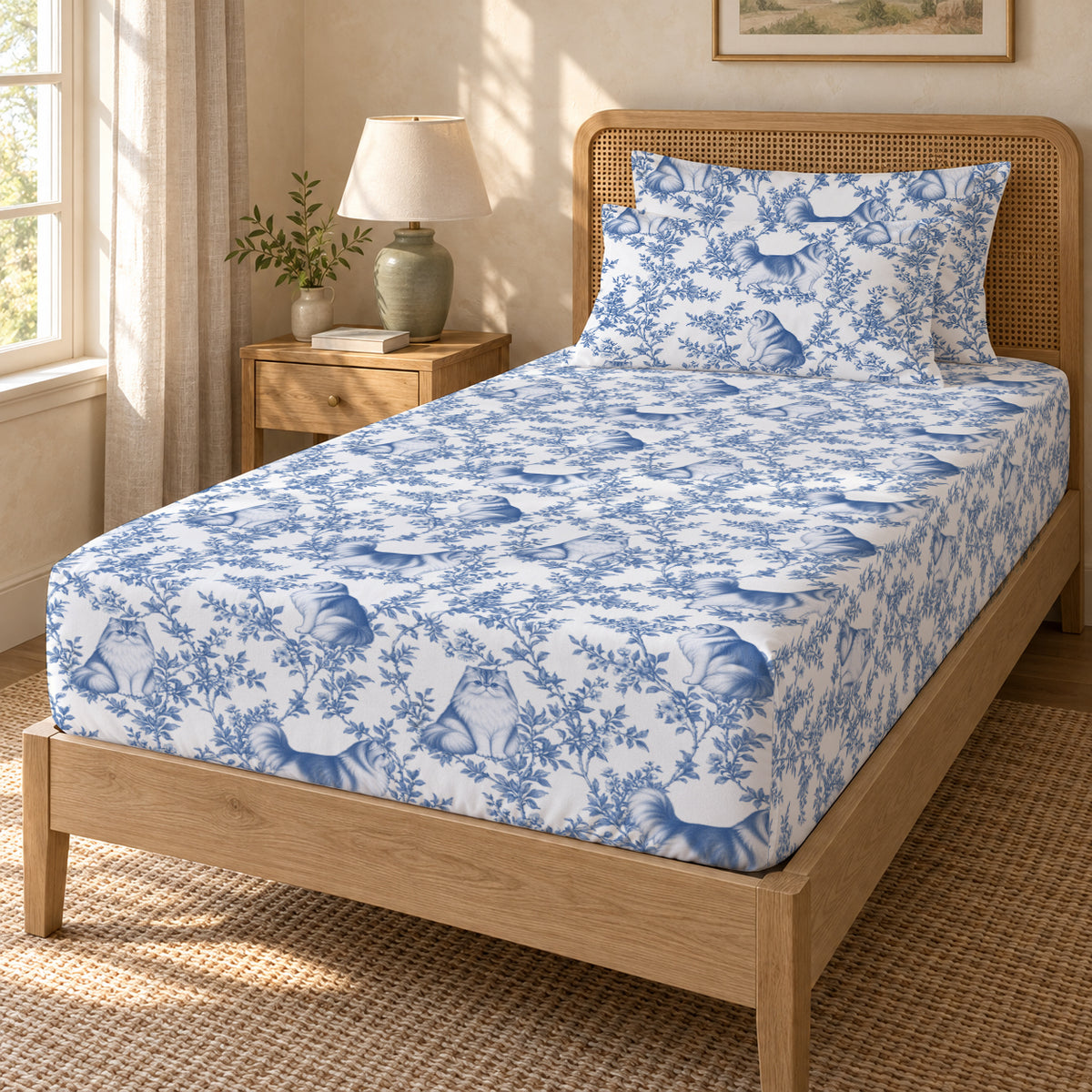 Persian toile bedding in Blue — Twin Guest Room