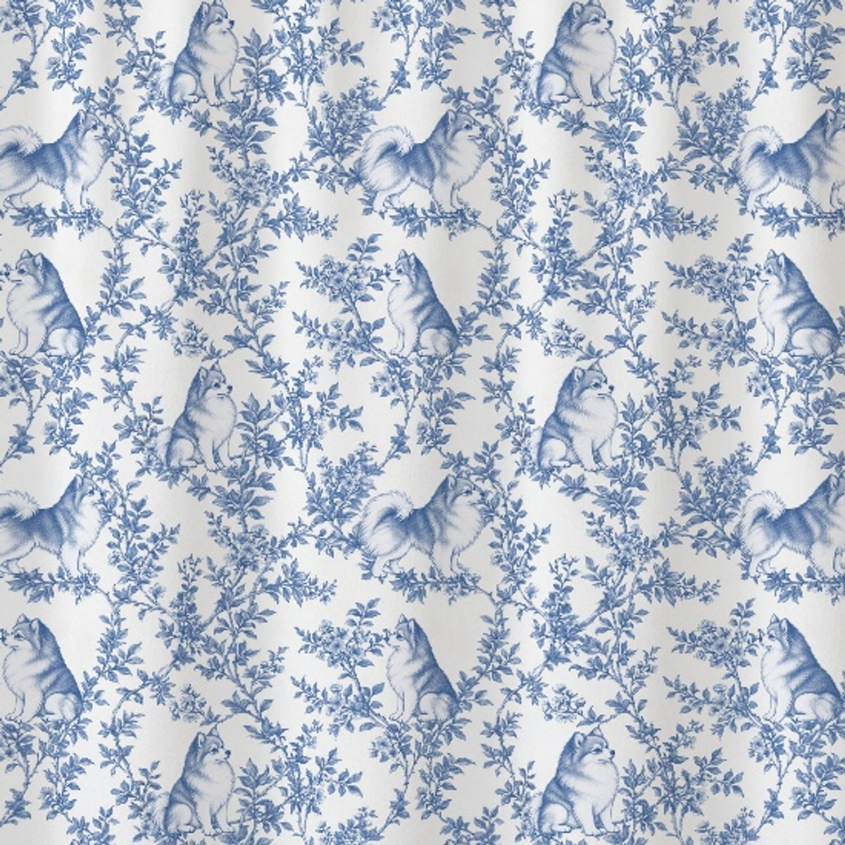 Pomeranian toile shower curtain — Blue Detail