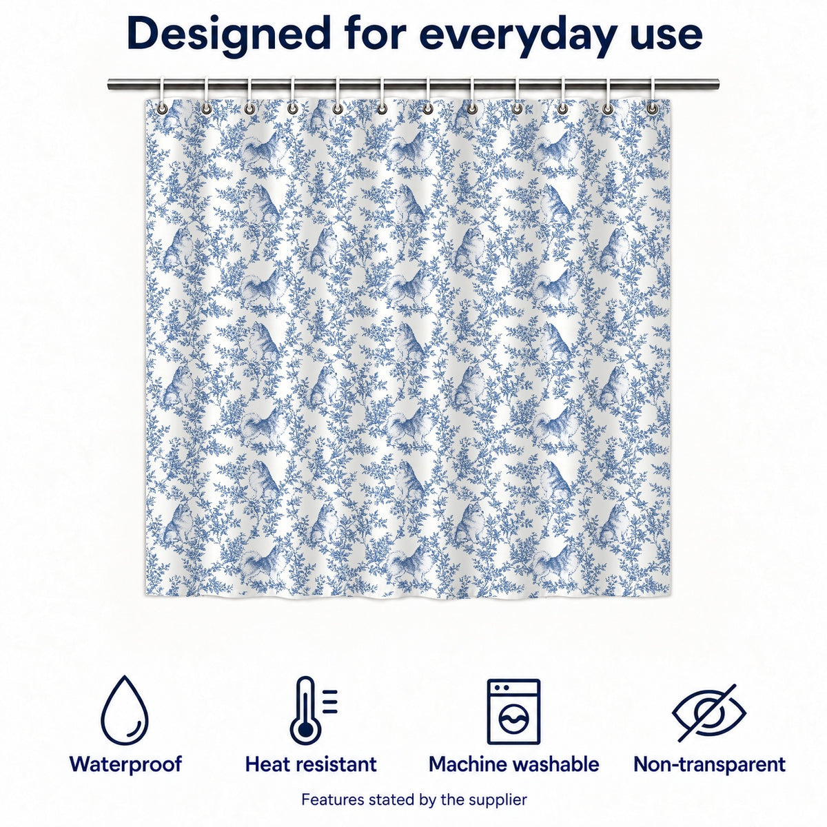 Pomeranian toile shower curtain — Blue Functions and Size