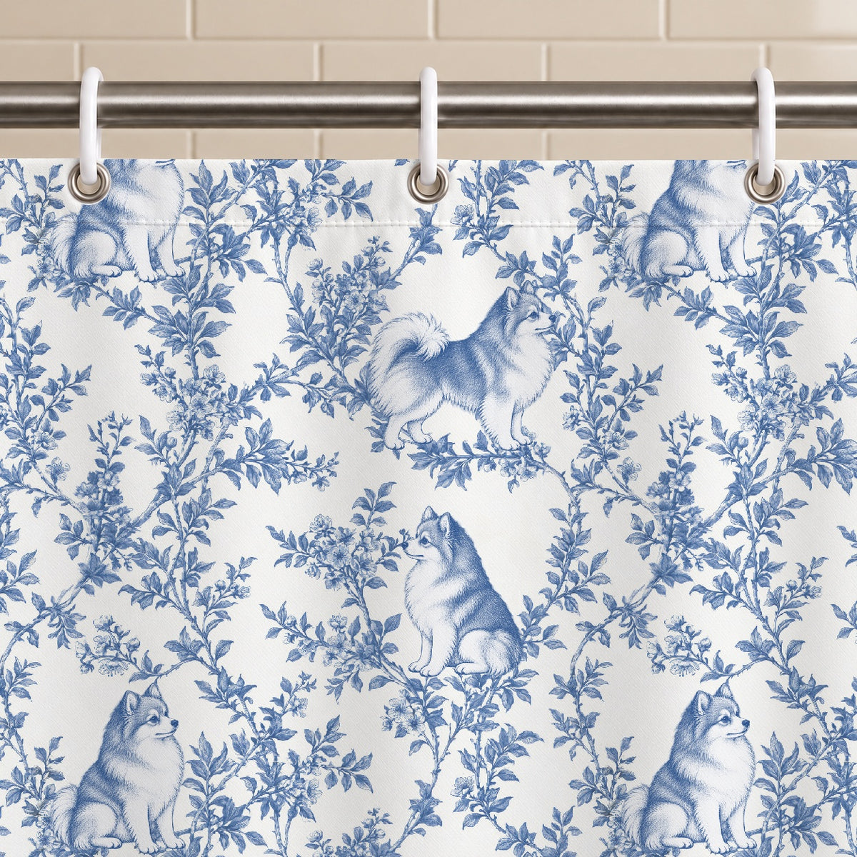 Pomeranian toile shower curtain — Blue Grommets and Hooks