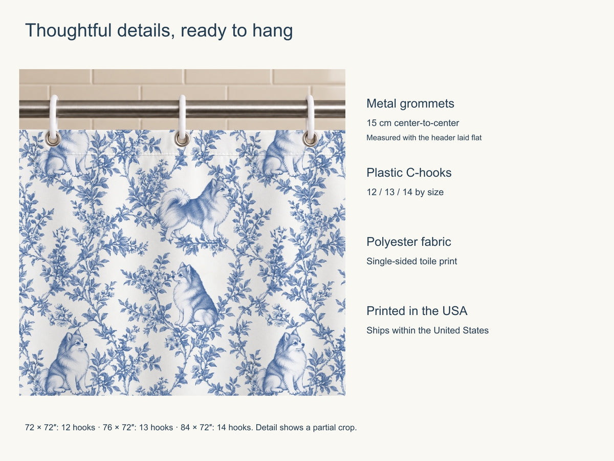 Pomeranian toile shower curtain — Blue Product Features