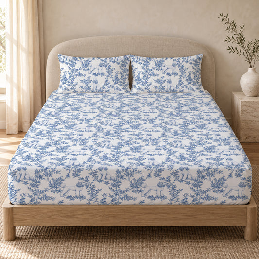 Poodle toile bedding in Blue — Queen Bedroom