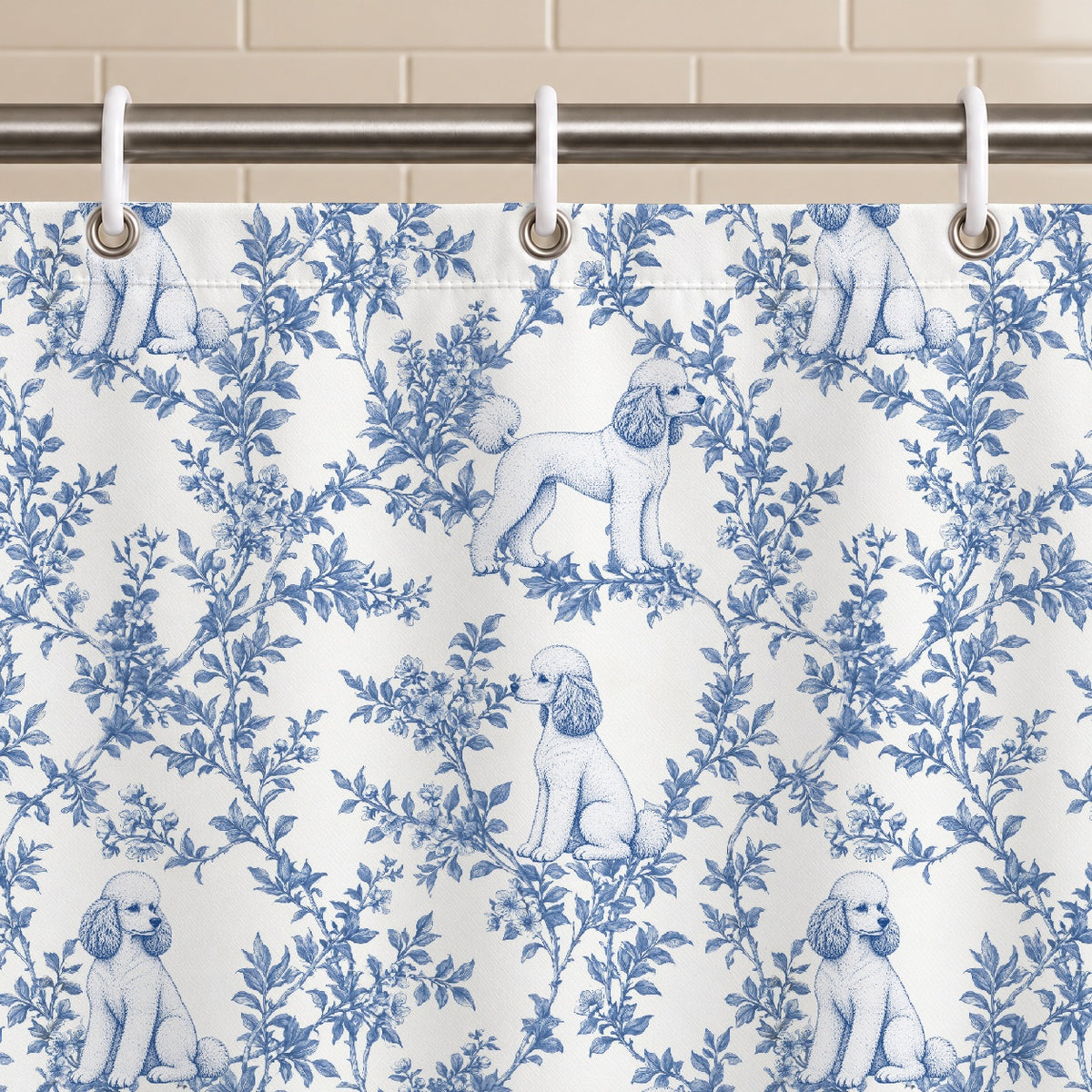 Poodle toile shower curtain — Blue Grommets and Hooks