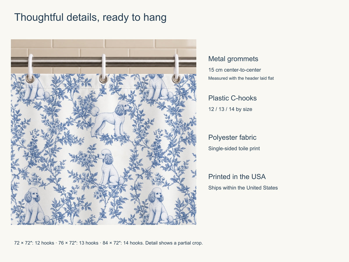 Poodle toile shower curtain — Blue Product Features