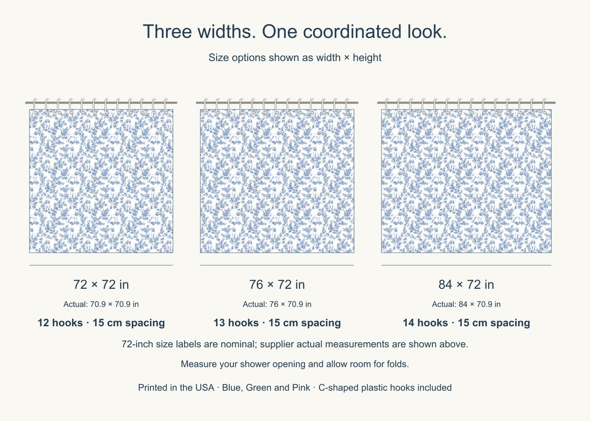 Poodle toile shower curtain — Blue US Size Comparison
