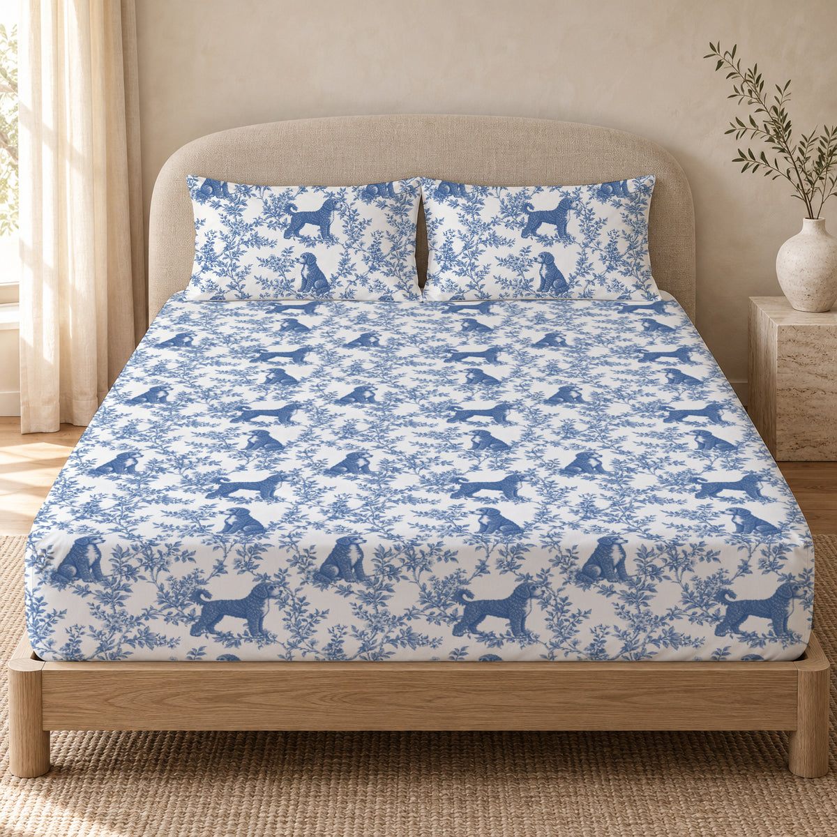 Portuguese Water Dog toile bedding in Blue — Queen Bedroom