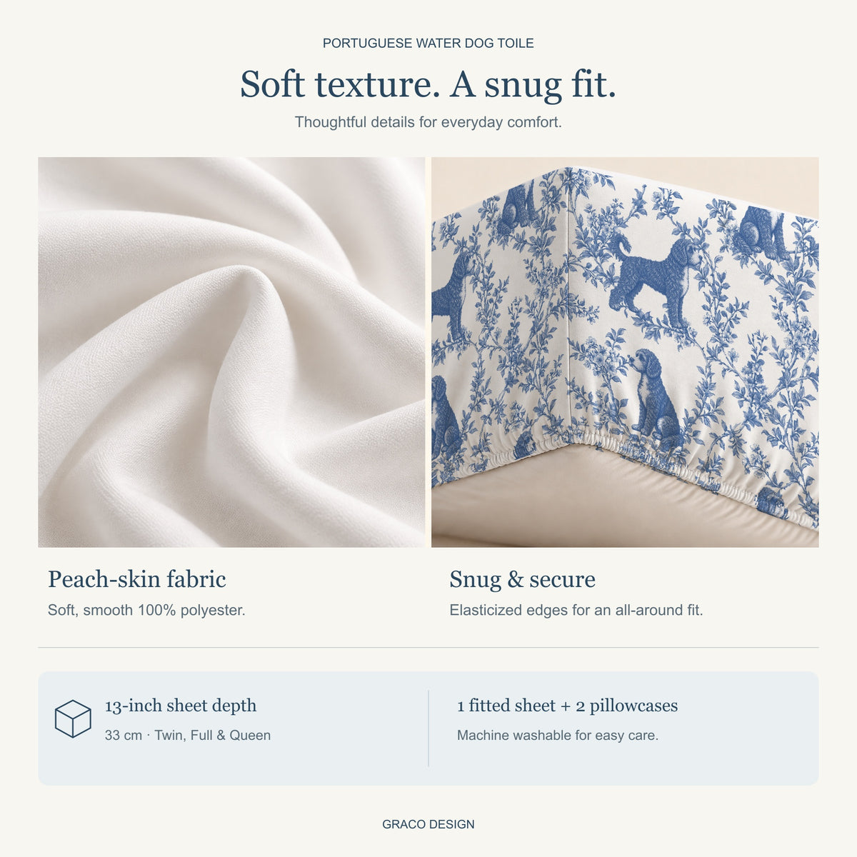 Portuguese Water Dog toile bedding — peach-skin fabric and gathered elastic hem detail
