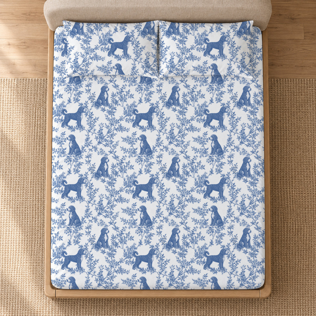 Portuguese Water Dog toile bedding in Blue — Overhead