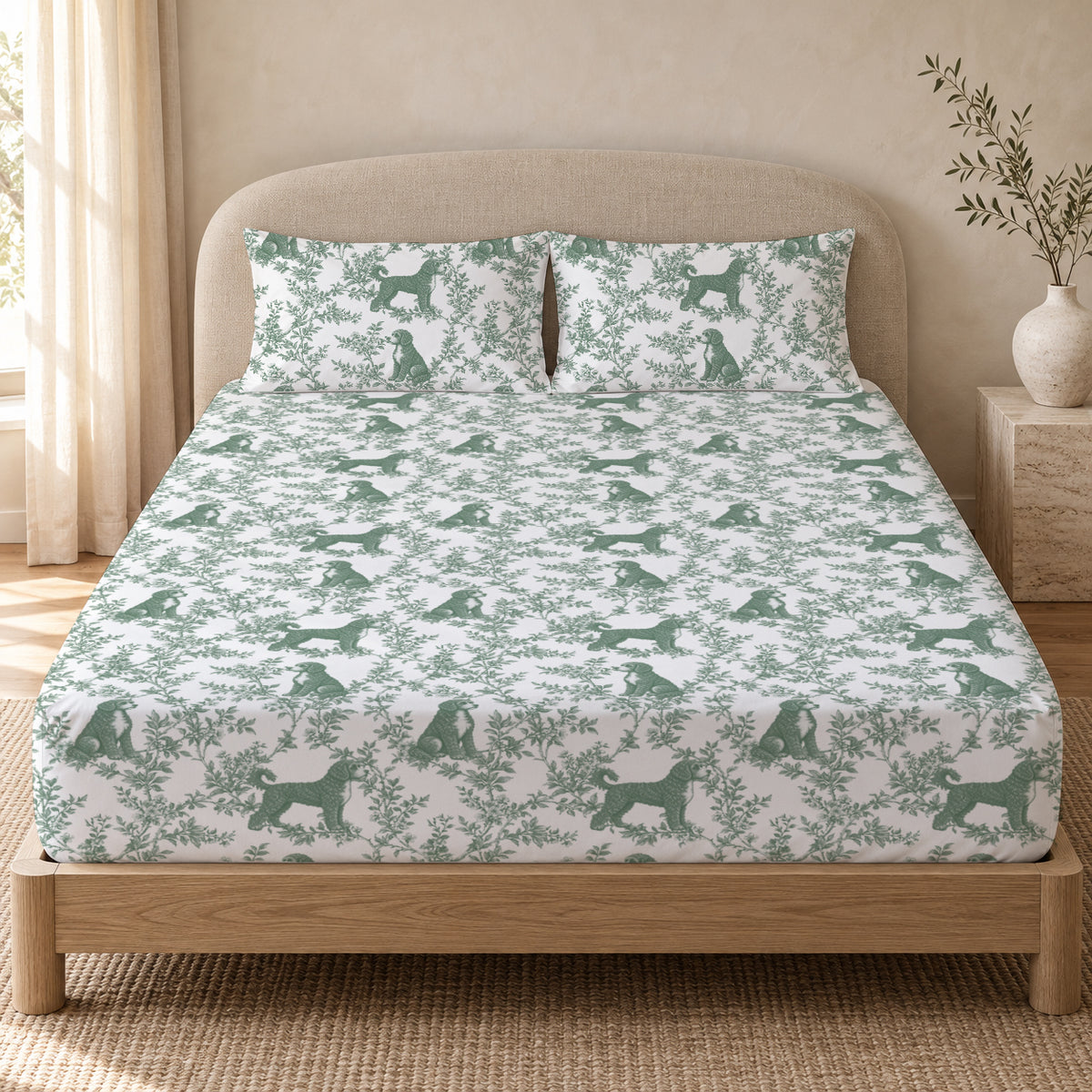 Portuguese Water Dog toile bedding in Green — Queen Bedroom
