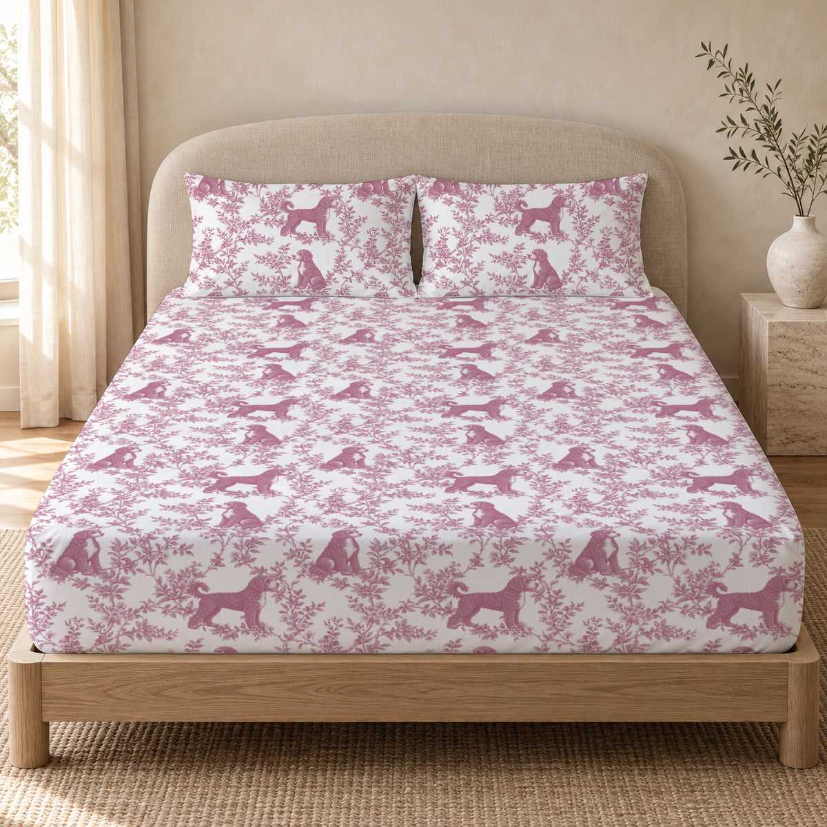 Portuguese Water Dog toile bedding in Pink — Queen Bedroom