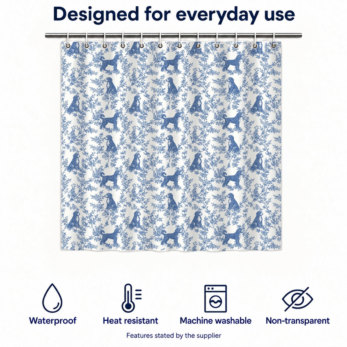 Portuguese Water Dog toile shower curtain — Blue Functions and Size