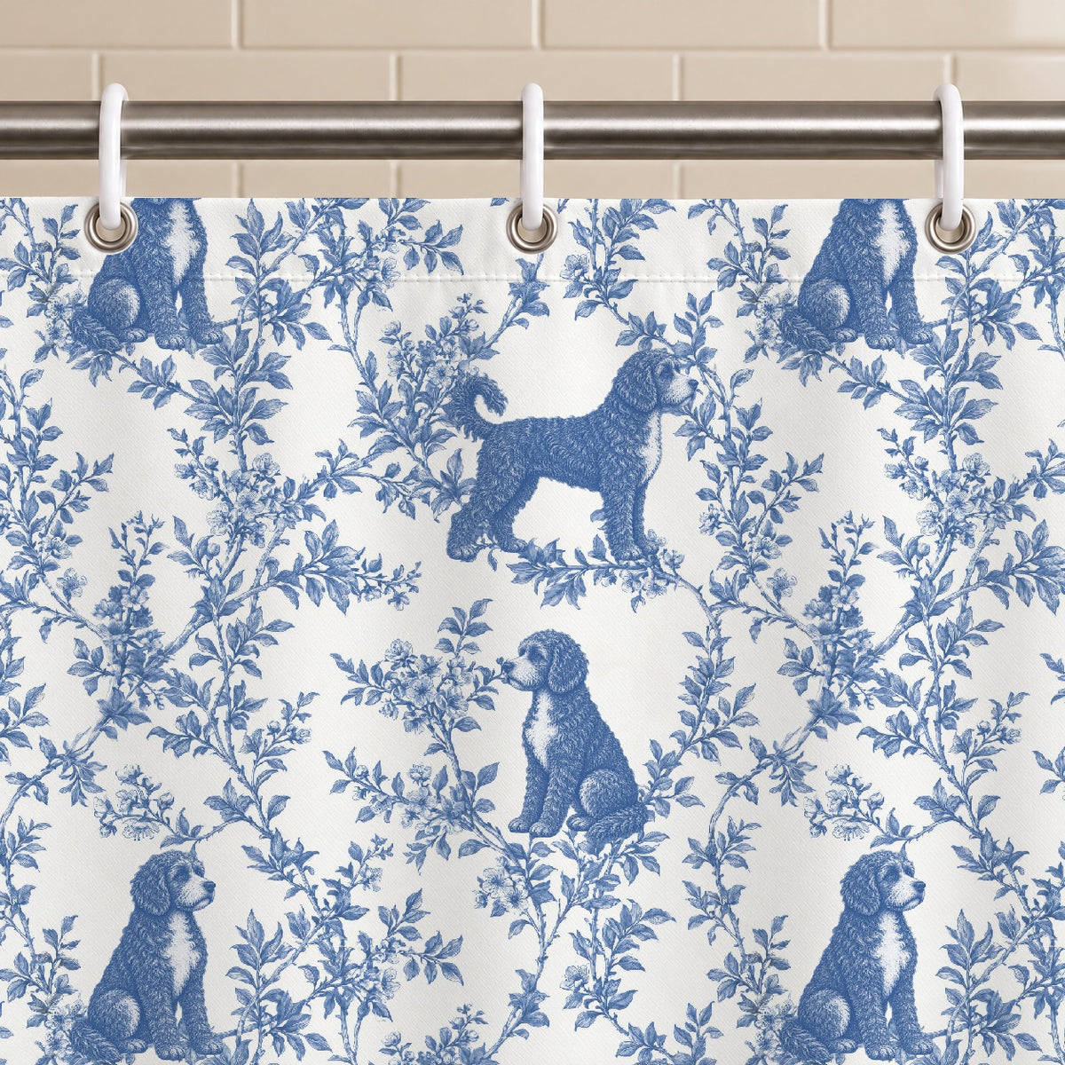Portuguese Water Dog toile shower curtain — Blue Grommets and Hooks