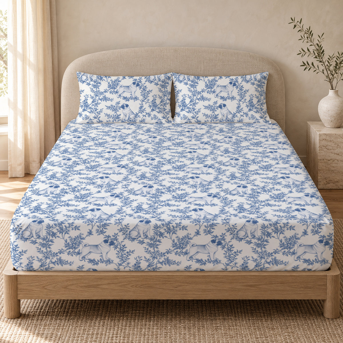 Pug toile bedding in Blue — Queen Bedroom