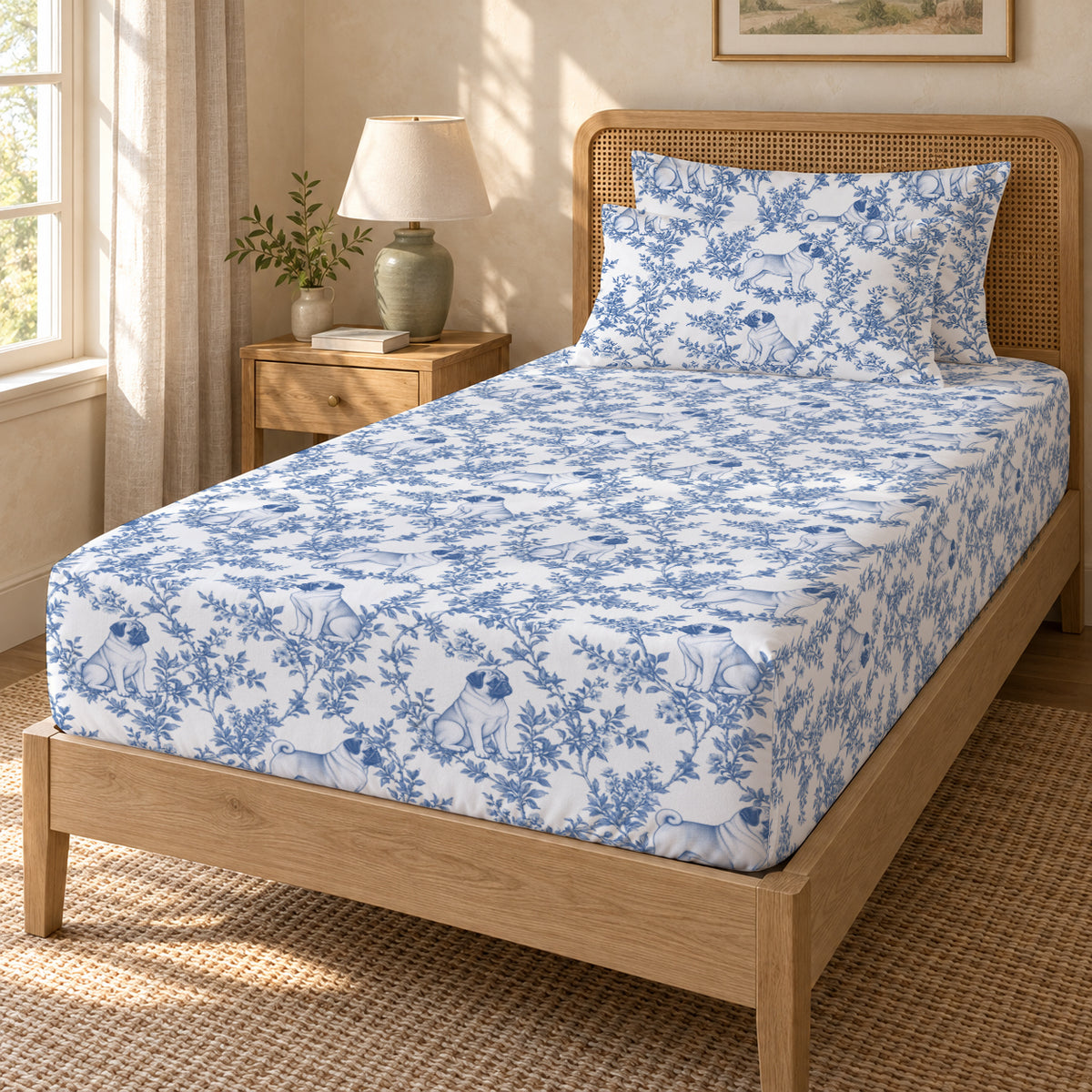 Pug toile bedding in Blue — Twin Guest Room