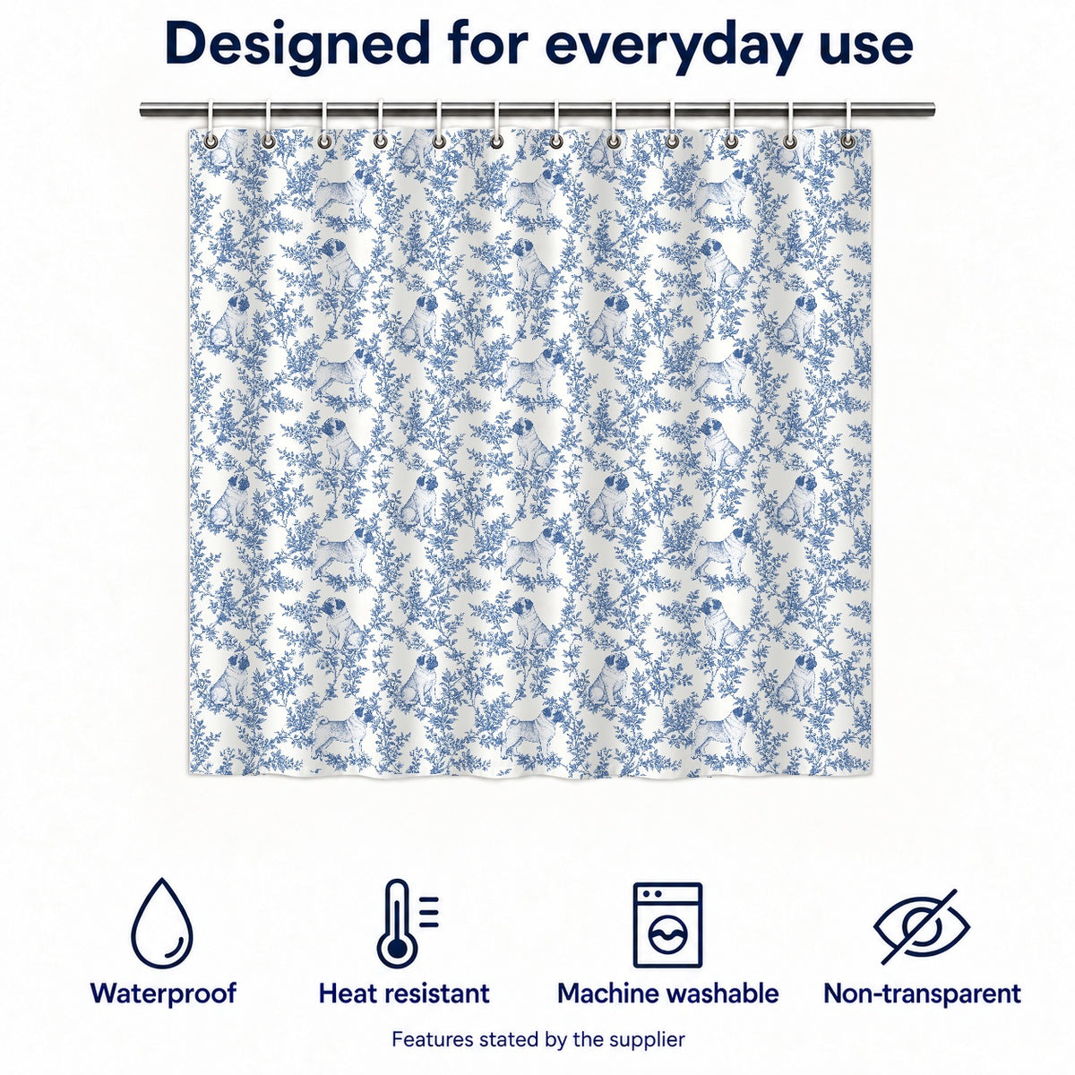 Pug toile shower curtain — Blue Functions and Size
