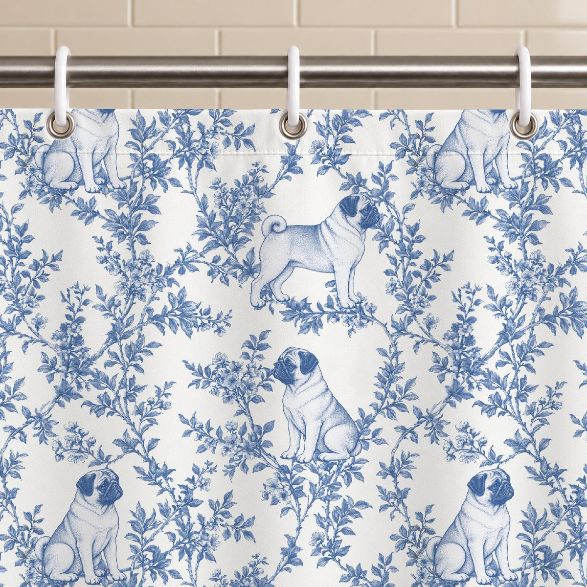Pug toile shower curtain — Blue Grommets and Hooks