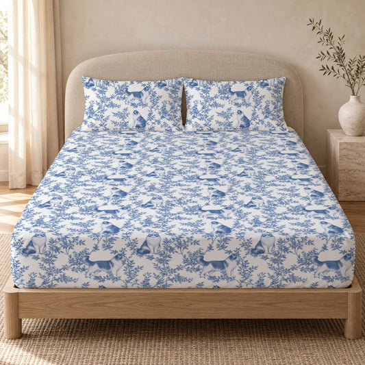 Ragdoll toile bedding in Blue — Queen Bedroom
