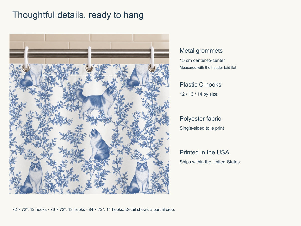 Ragdoll toile shower curtain — Blue Product Features