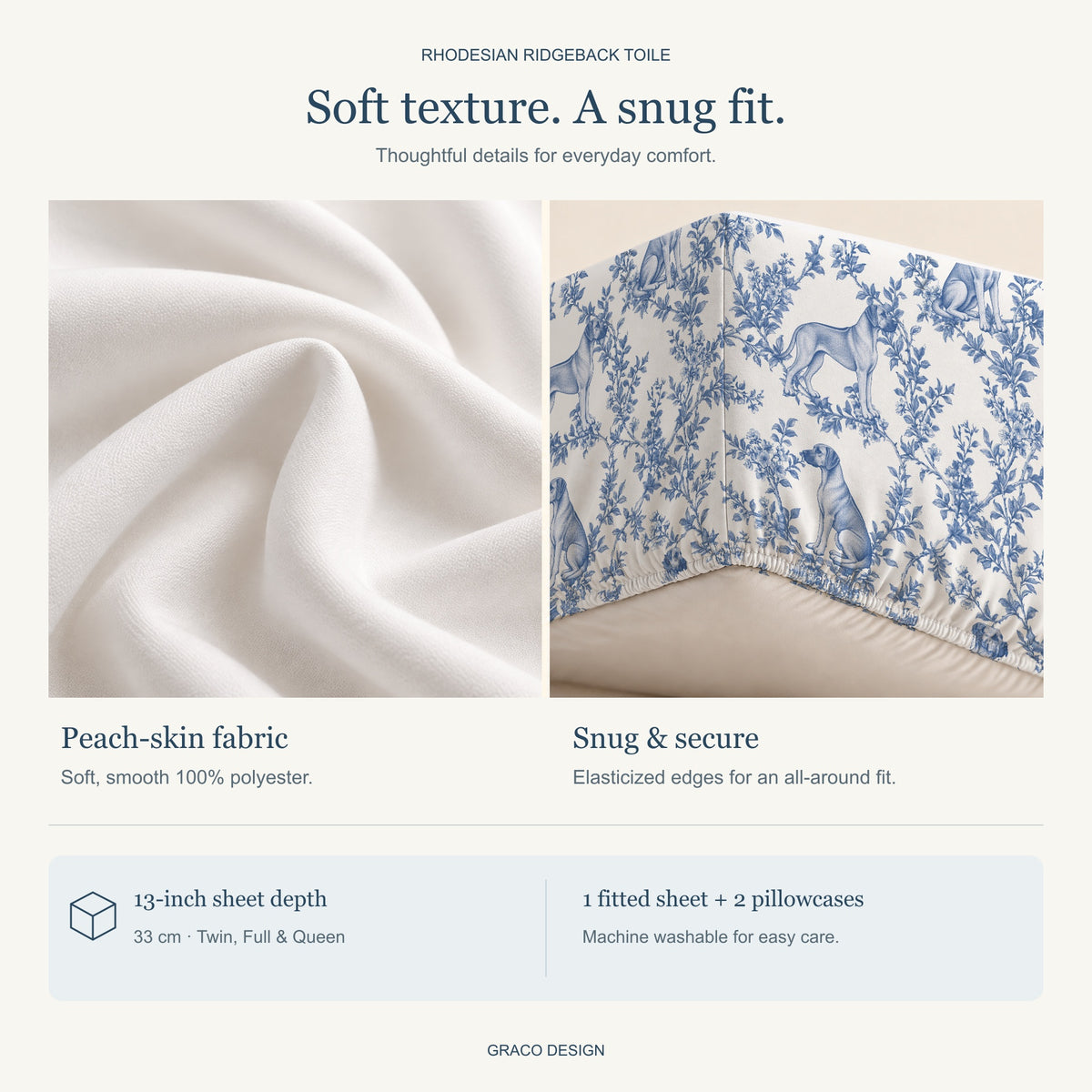Rhodesian Ridgeback toile bedding — peach-skin fabric and gathered elastic hem detail