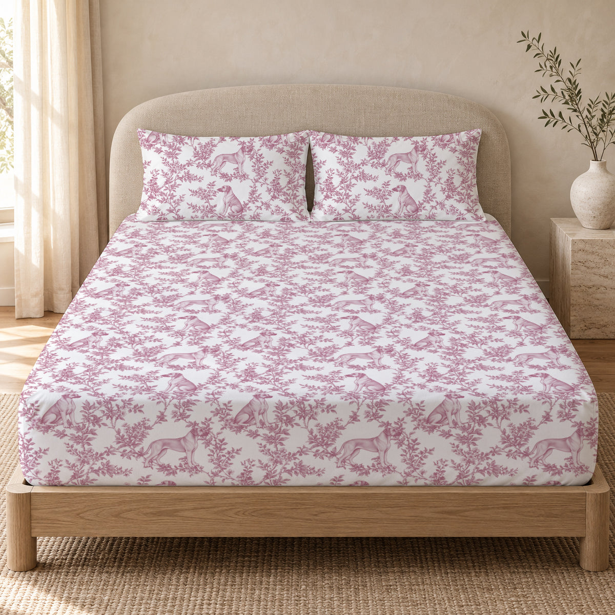 Rhodesian Ridgeback toile bedding in Pink — Queen Bedroom