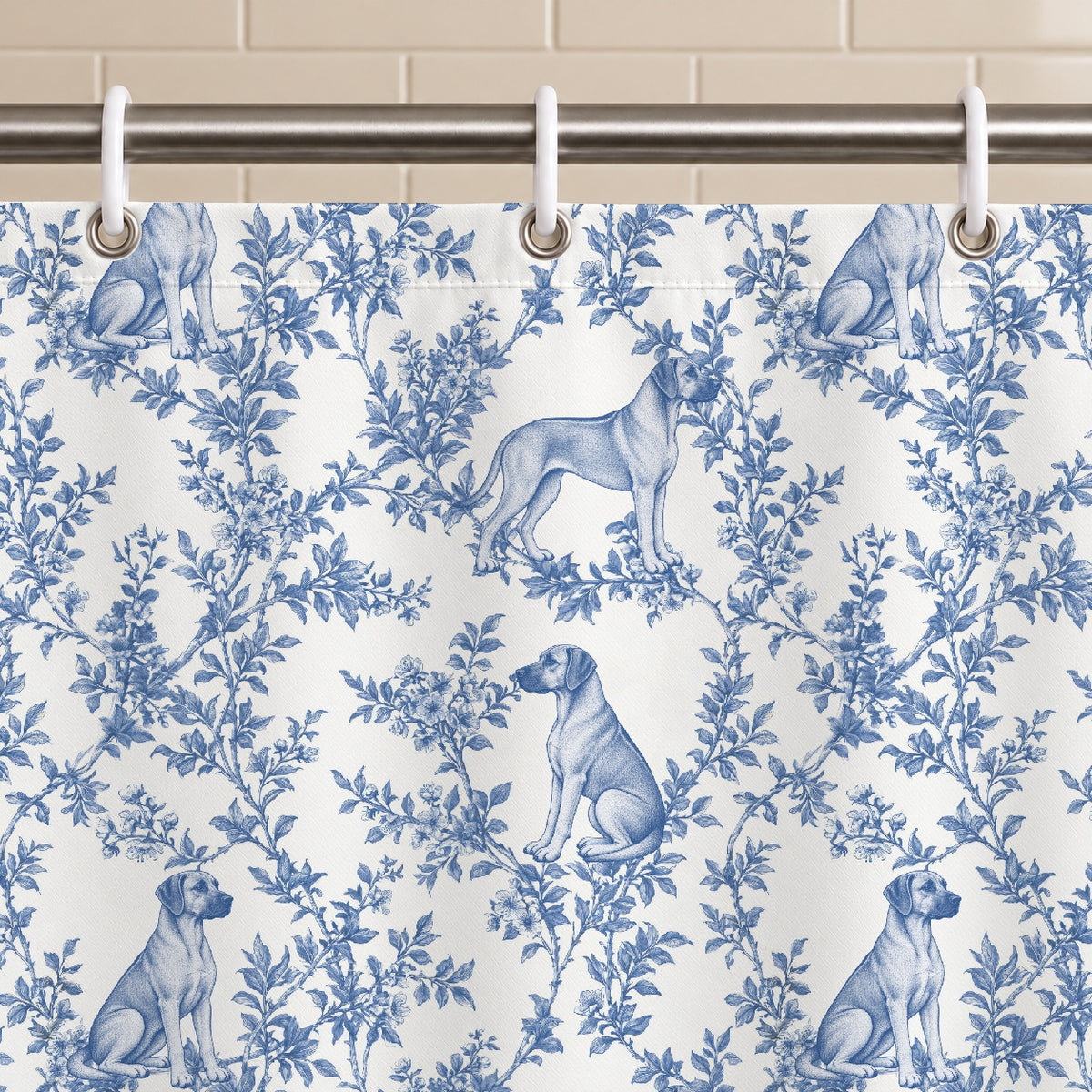 Rhodesian Ridgeback toile shower curtain — Blue Grommets and Hooks