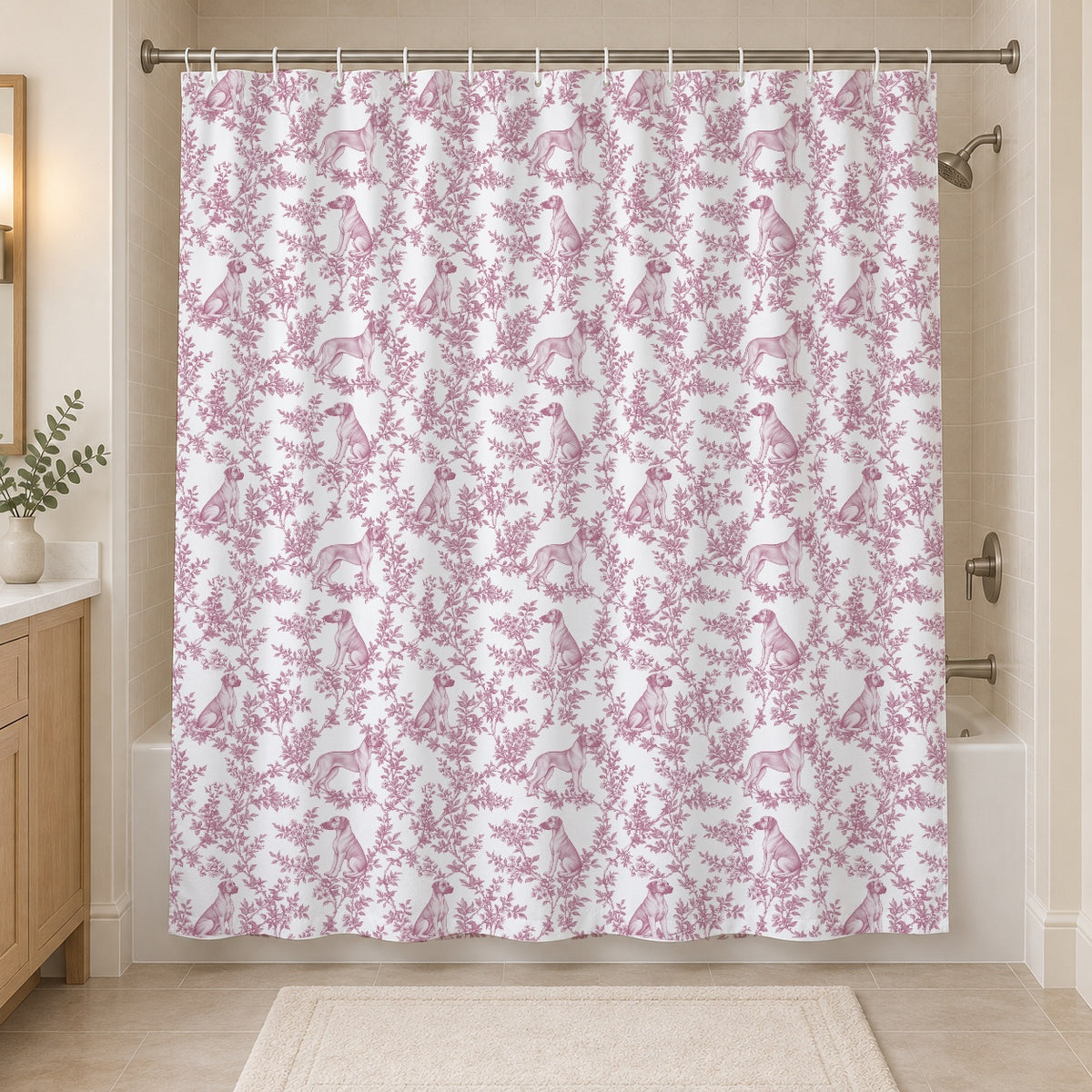 Rhodesian Ridgeback toile shower curtain — Pink Hero