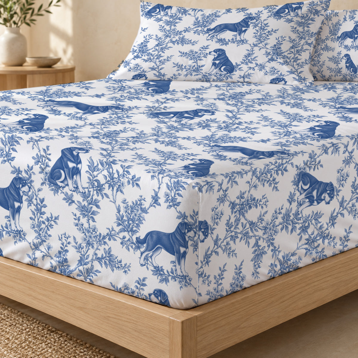 Rottweiler toile bedding in Blue — Fitted Corner