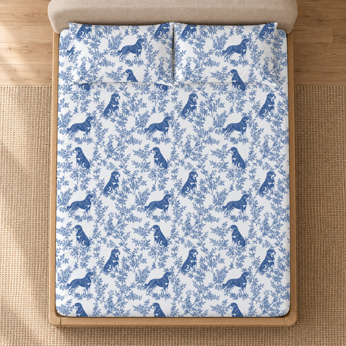 Rottweiler toile bedding in Blue — Overhead