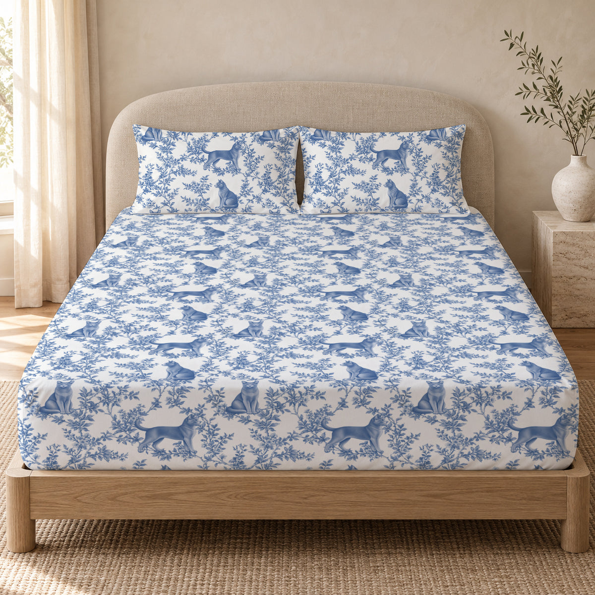 Russian Blue toile bedding in Blue — Queen Bedroom
