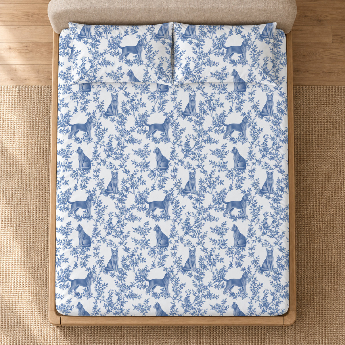 Russian Blue toile bedding in Blue — Overhead