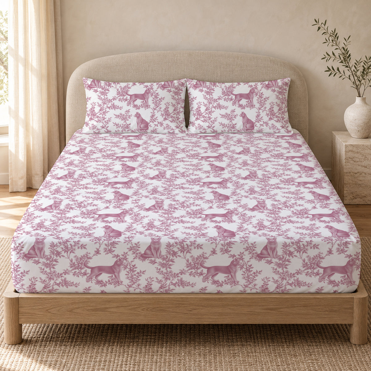 Russian Blue toile bedding in Pink — Queen Bedroom