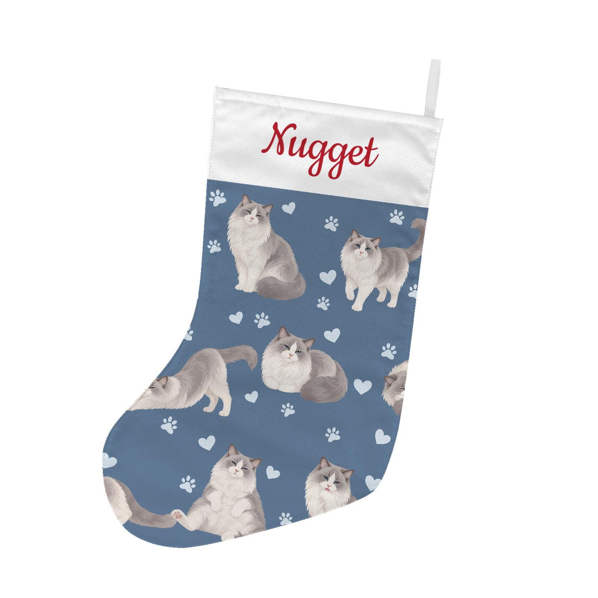 Ragdoll Christmas stocking on slate blue background with example name Nugget in red script on the white cuff; view 2.