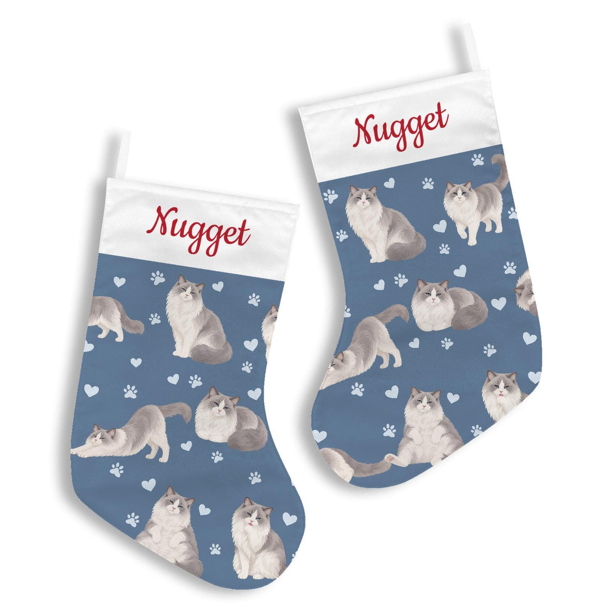 Ragdoll Christmas stocking on slate blue background with example name Nugget in red script on the white cuff; view 3.