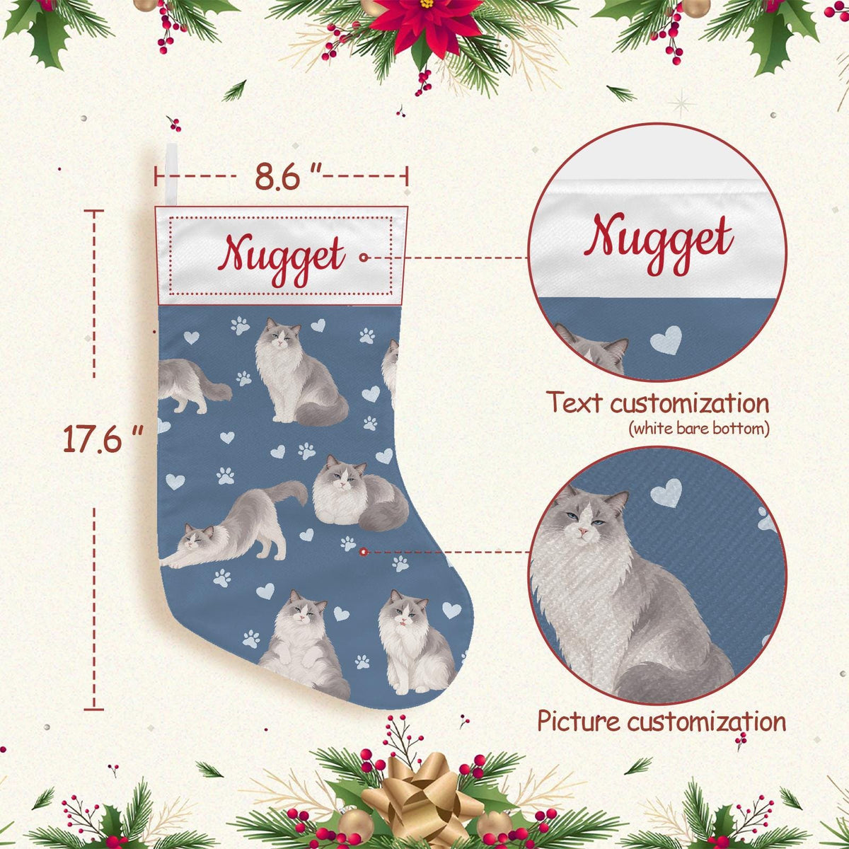 Ragdoll Christmas stocking on slate blue background with example name Nugget in red script on the white cuff; view 4.