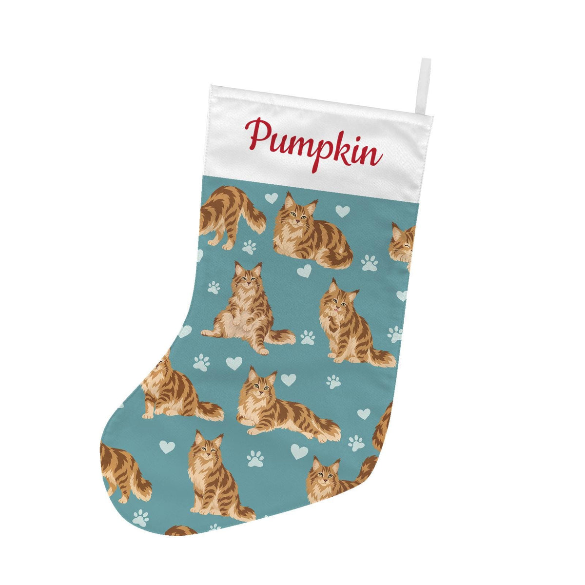 Maine Coon Christmas stocking on muted teal background with example name Pumpkin in red script on the white cuff; view 2.