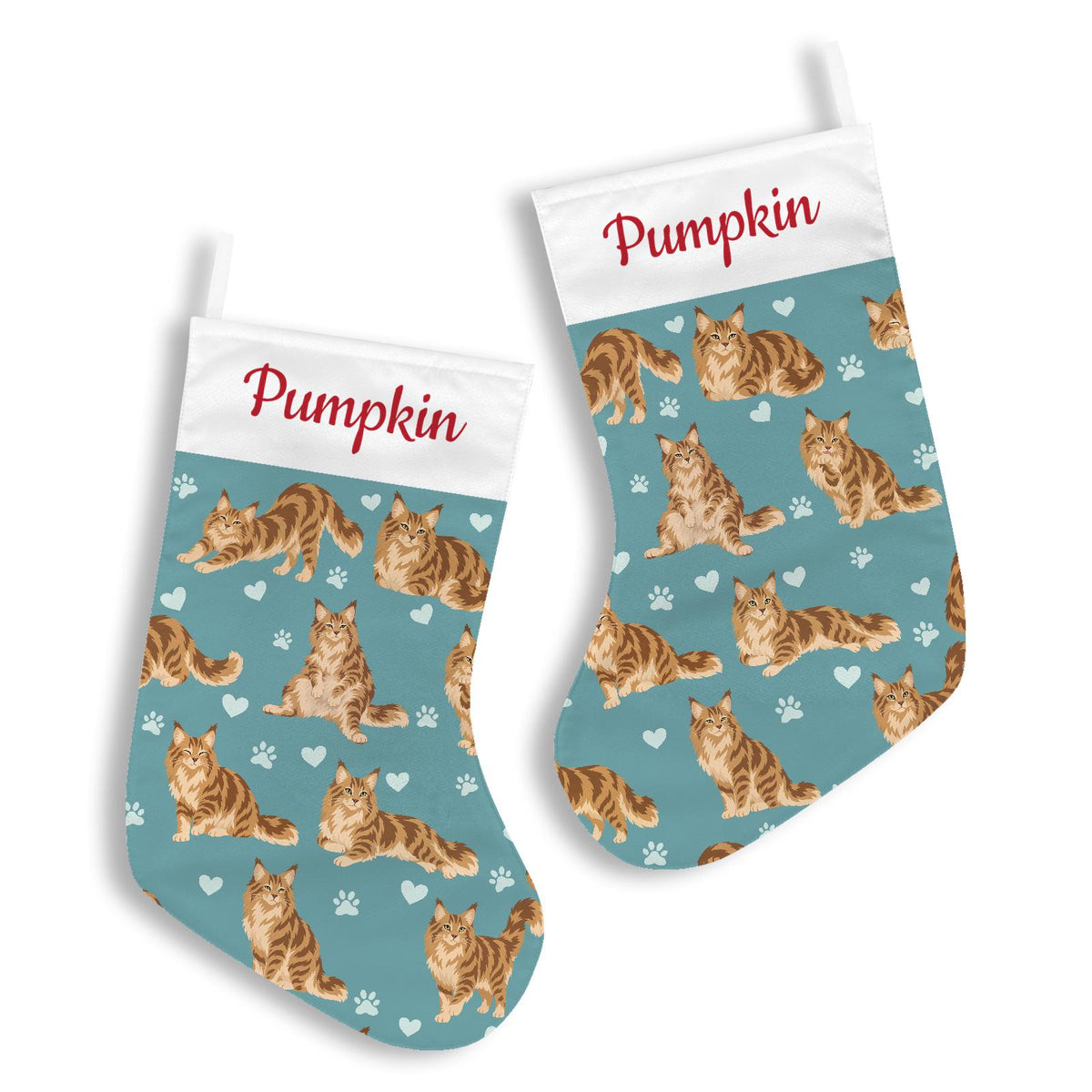 Maine Coon Christmas stocking on muted teal background with example name Pumpkin in red script on the white cuff; view 3.