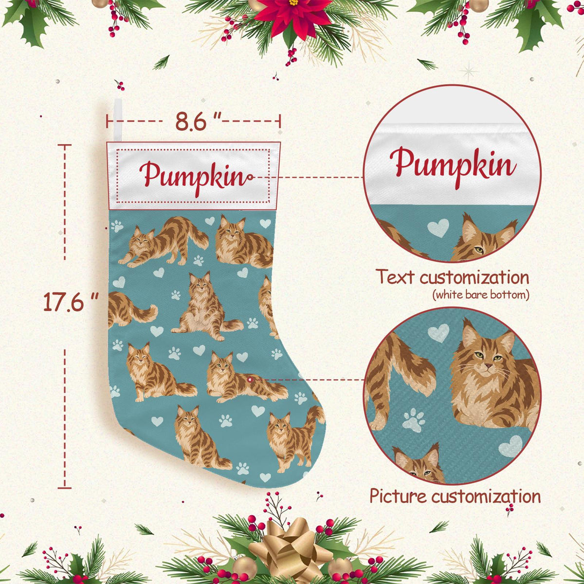 Maine Coon Christmas stocking on muted teal background with example name Pumpkin in red script on the white cuff; view 4.